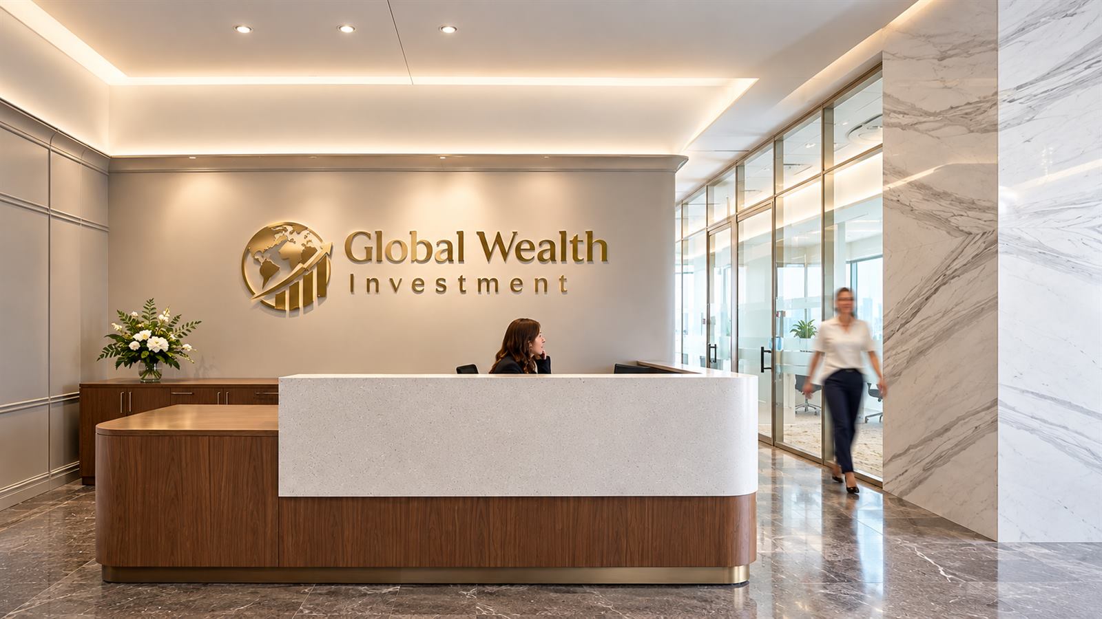 Hall d'accueil aux couleurs de Global Wealth Investment : comptoir en pierre claire et noyer, enseigne dorée