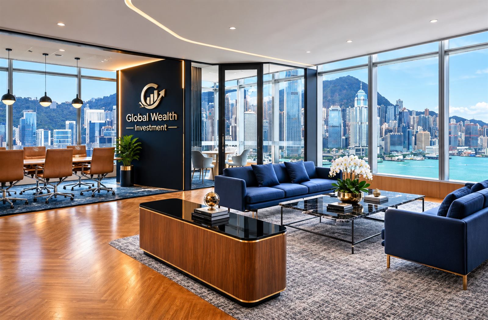 Salon et salle de réunion aux couleurs de Global Wealth Investment, avec vue sur une ville